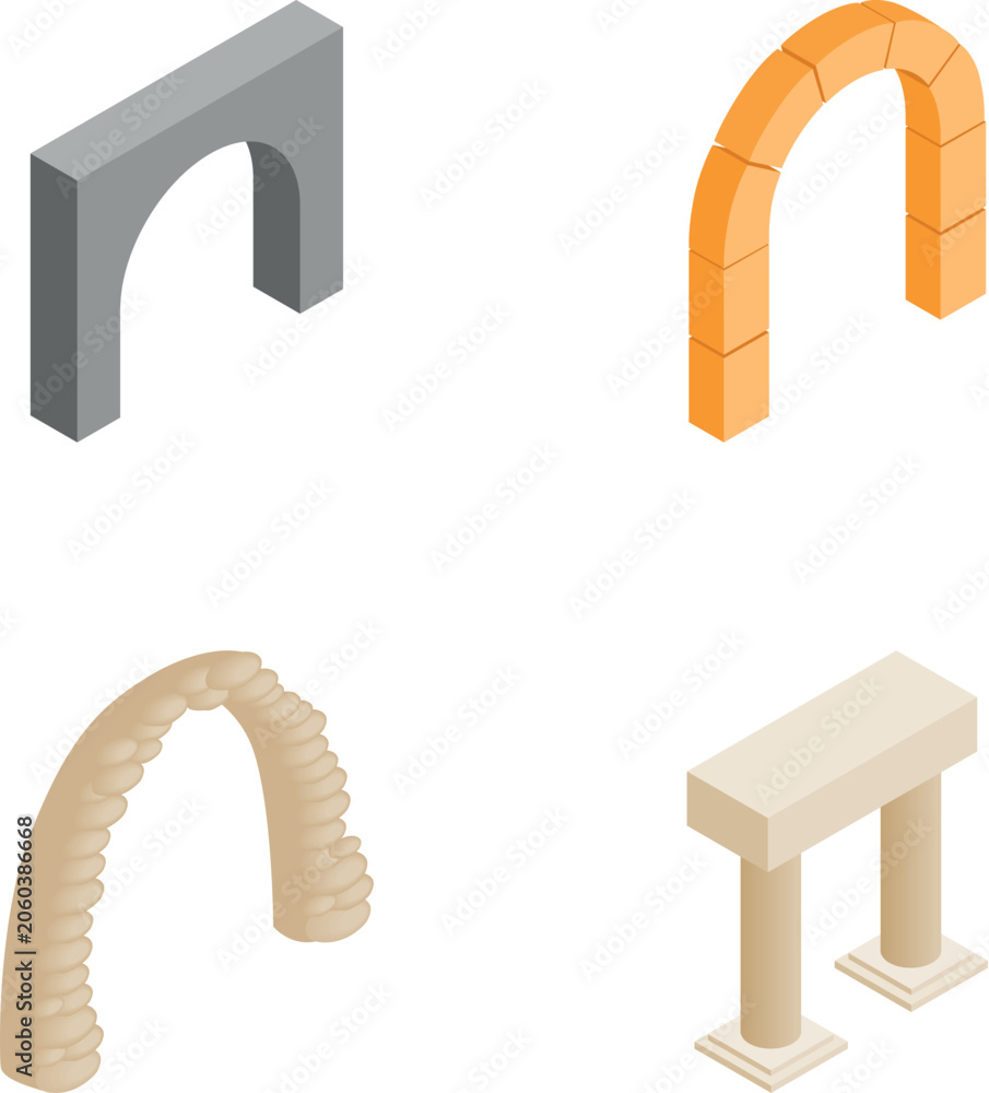 Naklejka premium Collection of various isometric architectural elements representing gateways and portals