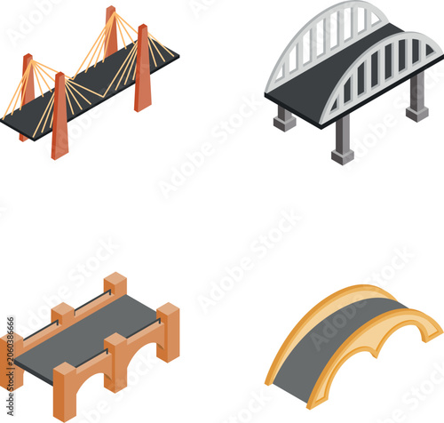 Bridges set showing different structural types for transportation and infrastructure