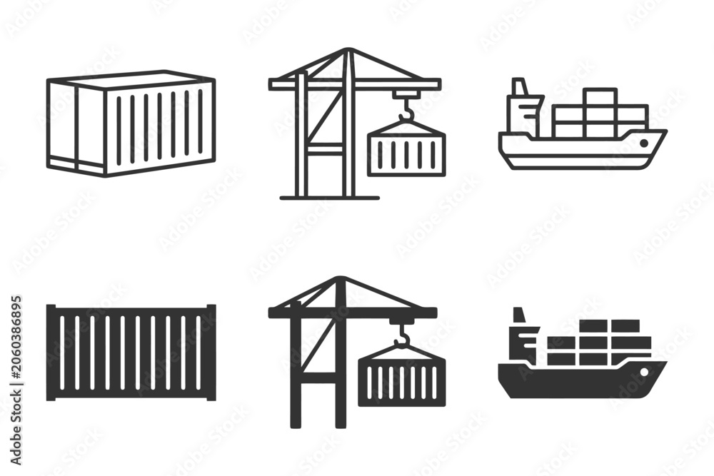Obraz premium Logistics icons: shipping containers, cranes, cargo ships illustrated in black and white.