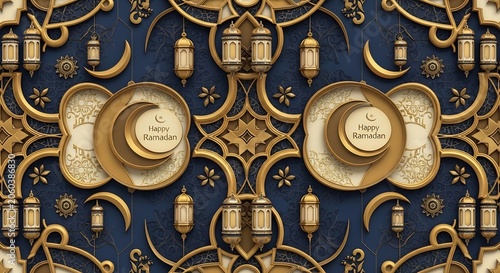 Ramadan mubarak gold and blue background with lanterns and crescent moons