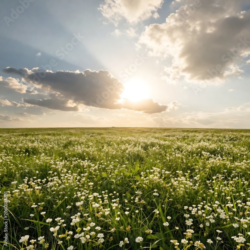 Sunlit field, green grass, white wildflowers, sunny landscape, natural scenery