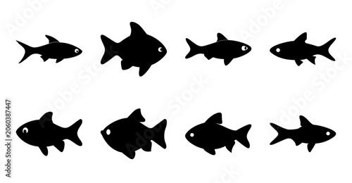 Eight black fish icons in swimming formation - A set of eight minimalist black fish icons arranged in two rows of four, facing different directions as if swimming.