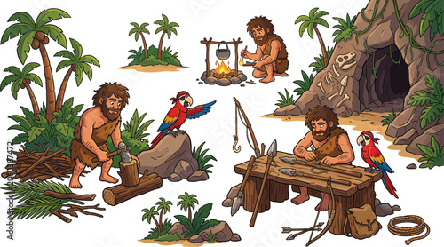 Schilderij op canvas PrintCartoon cavemen characters living in prehistoric stone age jungle village w