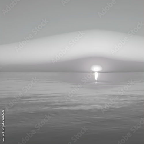 Misty sunrise over calm sea, foggy landscape, serene water, gray skies