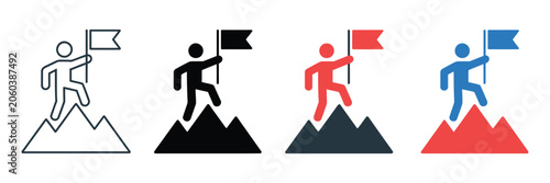 Fotografie Minimalist vector icons featuring a person reaching a mountain peak with a flag, symbolizing achievement, success, goal completion, and motivation