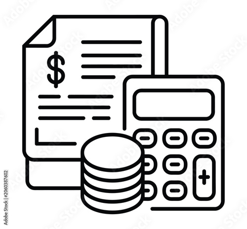 Invoice Receipt and Calculator with Coins Line Icon for Accounting and Finance