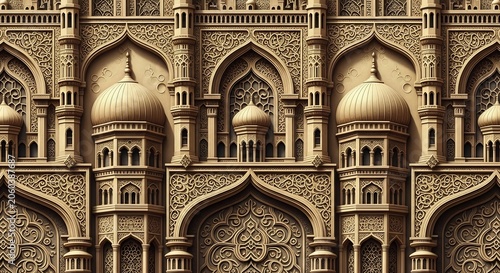 Intricate golden mosque architecture with domes and arches isolated on white background