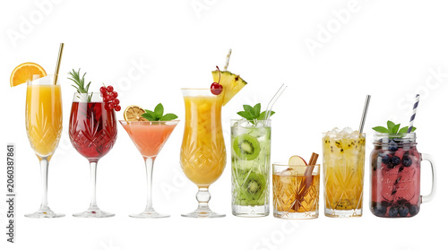 Set of various refreshing cocktails with fruits and berries isolated on transparent background