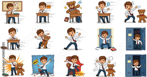 Obraz na plátne Cartoon schoolboy character stickers set showing scared student boy running from