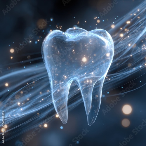Illustration of a translucent tooth surrounded by glowing light particles and flowing energy strands on a dark blue background for dental health concepts