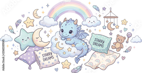 Obraz na plátně Cute baby dragon on cloud with rainbow pillows and nursery elements for sweet dr
