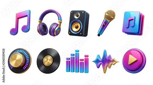 3d music and audio icons set, musical notes, headphones, speaker, microphone, vinyl record, sound wave, play button isolated isolated on transparent background