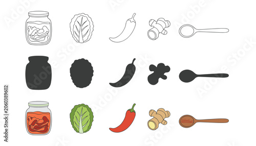 Food preservation set displaying a jar of pickled vegetables, cabbage leaf, chili pepper, aromatic rhizome, and a wooden spoon in three graphic styles.