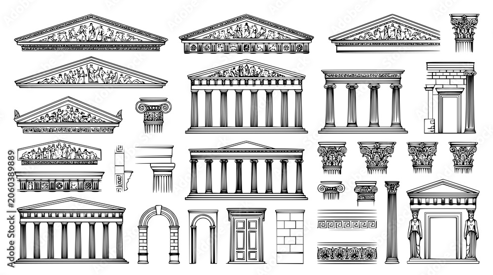 Naklejka premium Ancient architecture vector bundle with pediments Greek columns and Roman facades