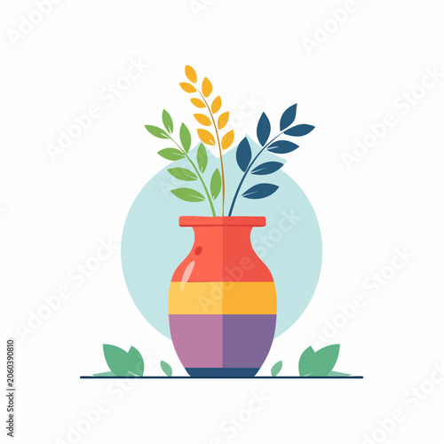 Colorful Vase with Branches and Leaves