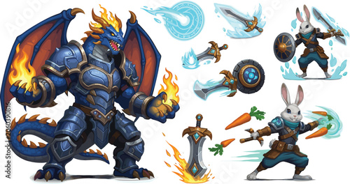 Fotografie PrintFantasy dragon warrior in blue armor with fire magic and cute rabbit ninja