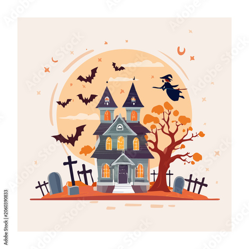 Flat design illustration of a house with tree and birds