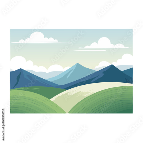 Flat design mountain landscape with river and meadow
