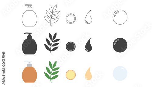 Konstfotografi Personal hygiene and bath product set displaying a pump bottle, verdant leaves, a round soap slice, a drop, and a soap bubble in three graphic styles