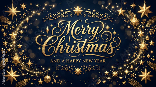 Merry Christmas and Happy New Year festive gold text on dark blue background with stars transparent background