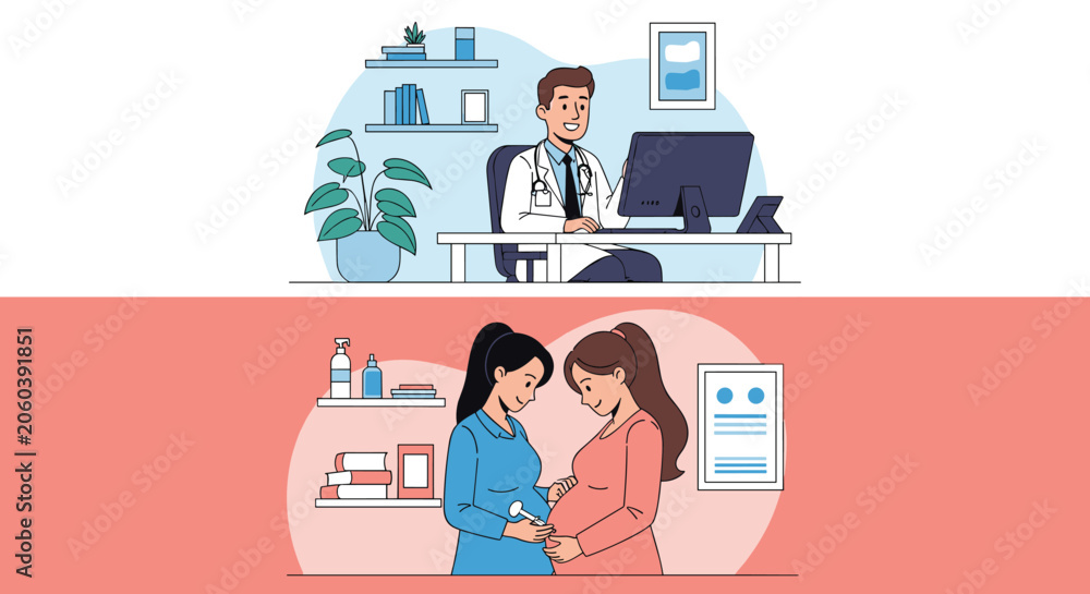 Fototapeta premium Healthcare concept showing a doctor working at his desk and a nurse or midwife examining a pregnant woman at the clinic.