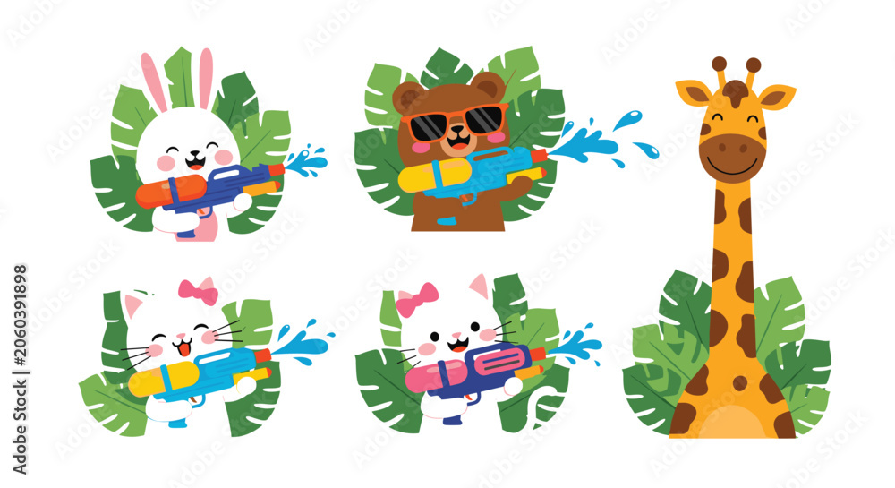 Obraz premium Fun summer illustration of a rabbit bear giraffe and cats playing with water guns in front of tropical palm leaves.