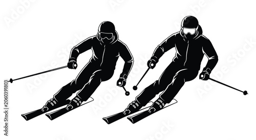 Schilderij op canvas Two Skiers In Action Black Silhouette skier