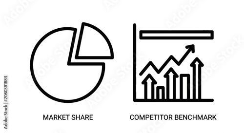 Market share pie chart and competitor benchmark bar graph icons representing business analysis and comparative performance metrics with competitor, benchmark