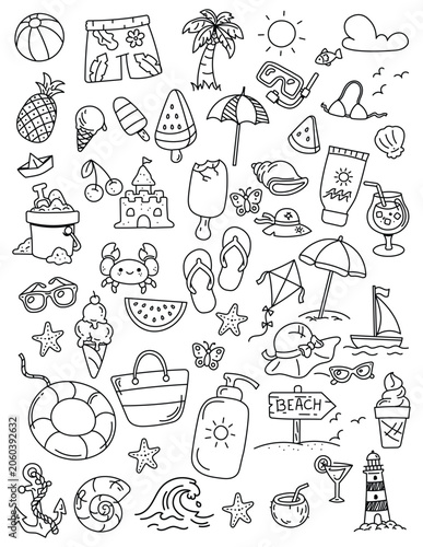 Summer Doodle Clipart Set. Hand Drawn Beach Elements, Cute Outline Icons, Vector Vacation Graphics, Tropical Sea Holiday Illustrations
