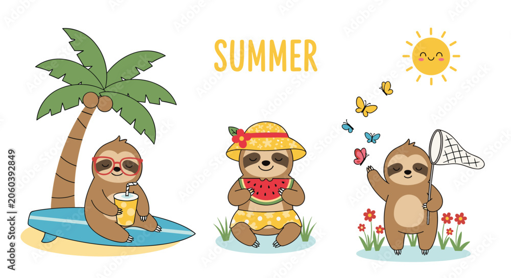Fototapeta premium Adorable sloths enjoying various summer activities like surfing, eating watermelon, and catching butterflies under the warm sun.