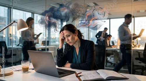 Overwhelmed woman stressed at work, headache, mental fatigue, office chaos