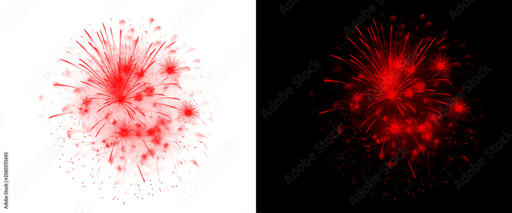 Fototapeta premium Vibrant red fireworks explosion on white and black backgrounds, festive pyrotechnic burst for celebration, glowing red firework display set