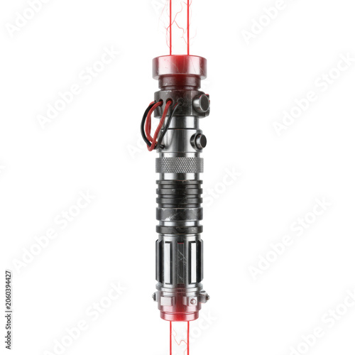 Custom crafted energy sword hilt made of weathered gunmetal and chrome with a glowing crimson blade isolated on white background, dark futuristic weapon atmosphere