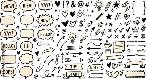 Hand Drawn Bullet Journal Doodle Element Vector Set Featuring Speech Bubbles Arrows Hearts Stars Pencils and Ribbon Banners for Graphic Design Projects