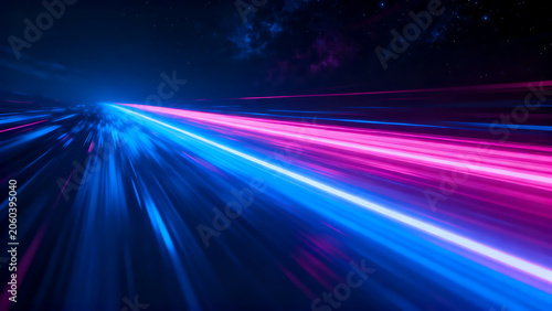 Vibrant neon light trails speeding through dark space with pink and blue streaks