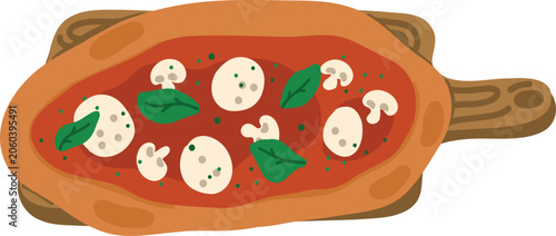 Illustration of pizza with mushrooms, mozzarella and basil on a wooden tray