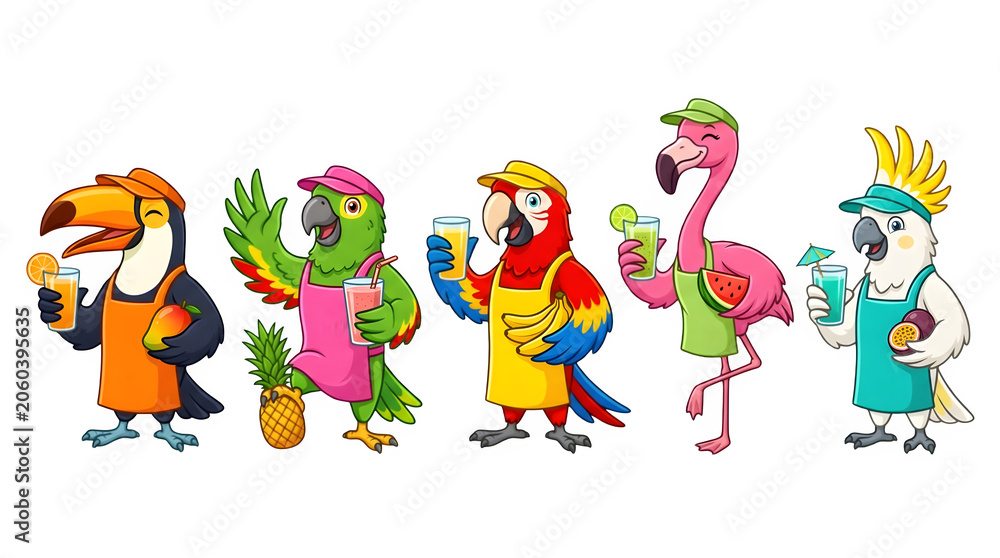 Fototapeta premium Set of cute tropical birds as bartenders with fruit drinks isolated on transparent background