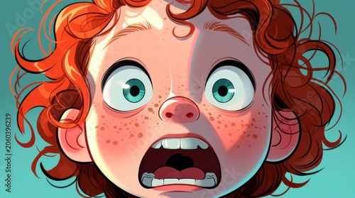 Illustration of a character with curly red hair and expressive eyes on a teal background
