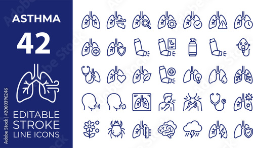 Foto Asthma and respiratory health web icons in line style