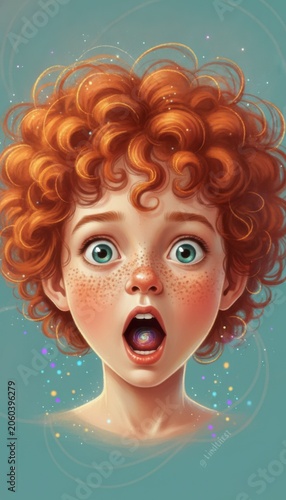Illustration of a person with curly red hair on a teal background