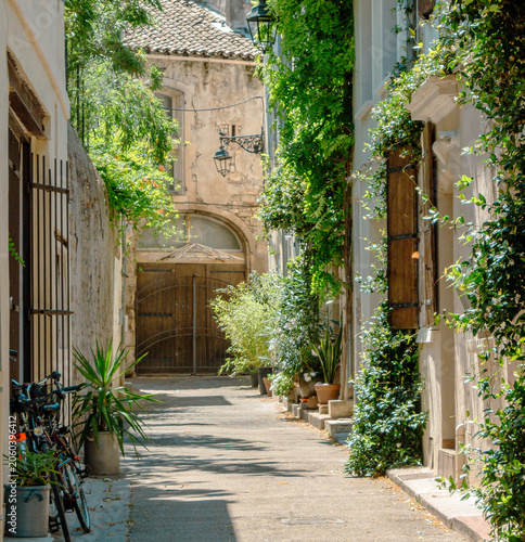 Arles, Provence-Alpes-Côte d’Azur, France: quiet sunlit alley with plants, shutters and old stone houses. Peaceful Mediterranean street scene in a historic Provençal town.
