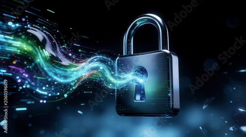 Digital Padlock with Flowing Data Stream on Dark Background
