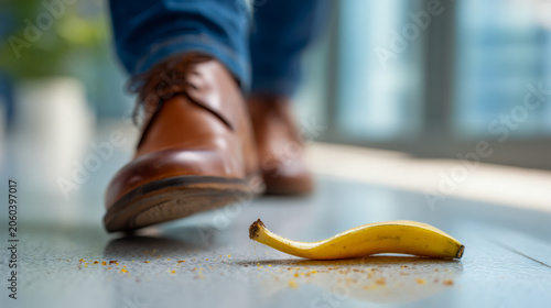 Man wearing brown dress shoes about to slip on a banana peel on a polished indoor floor with scattered crumbs in a bright modern office environment