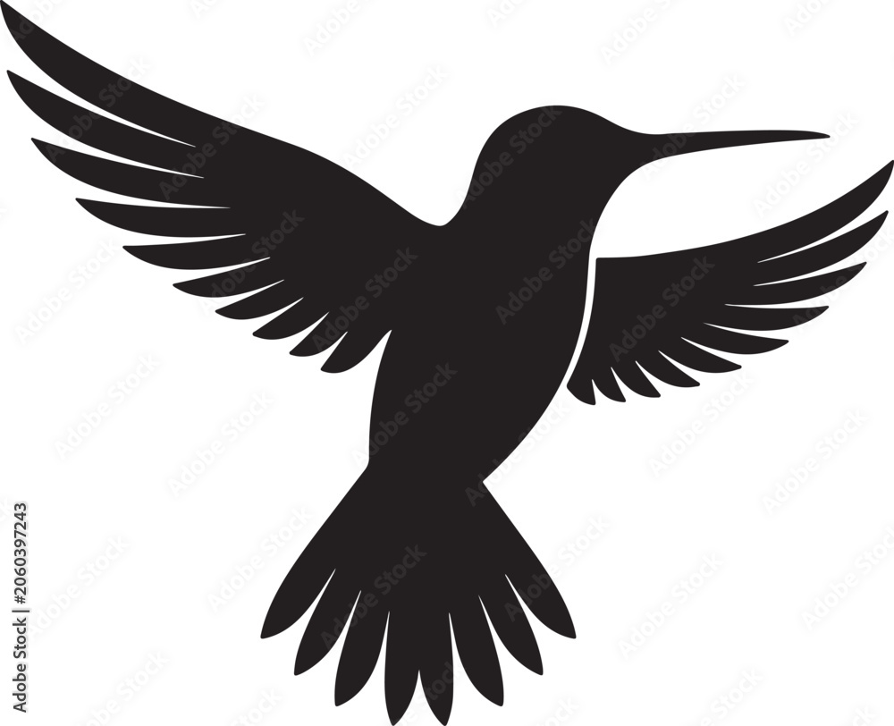 Fototapeta premium Also transparent background, black silhouette hummingbird, in flight, wings, spread, minimalist