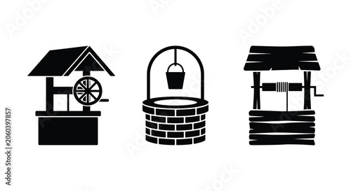 Foto Three well silhouettes with varying architectural designs on a white background
