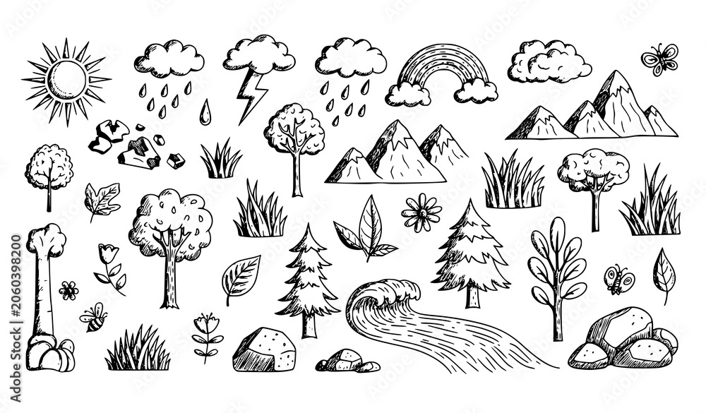 Obraz premium Nature icons set with weather landscape plants and insects