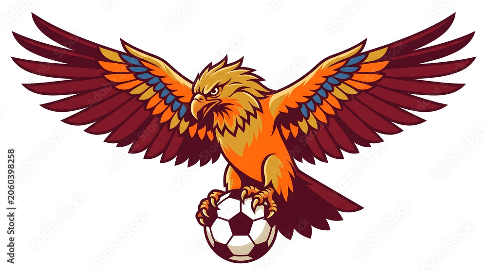 Fototapeta premium Vibrant eagle holding soccer ball in talons isolated on white background