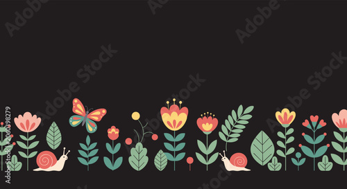 Decorative garden border pattern with various stylized flowers, leaves, snails, and a butterfly on a solid dark black background.