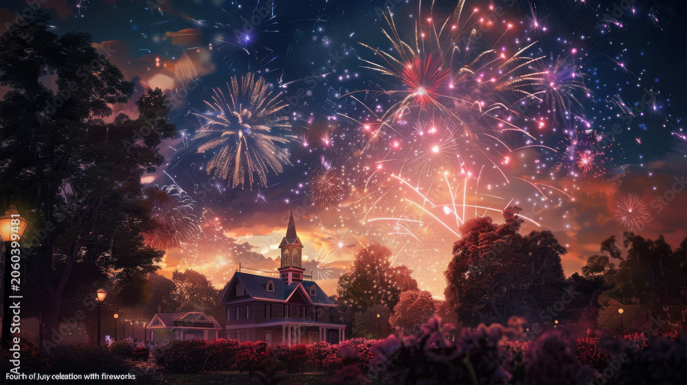 Naklejka premium Colorful Fireworks Exploding Over Historic Building at Night with Silhouetted Trees