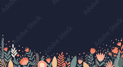 Beautiful floral border pattern along the bottom edge with stylized flowers and leaves in warm tones on a dark navy blue background.